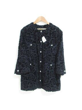 Chanel Camellia Pattern Velour Collarless Jacket 40 Black